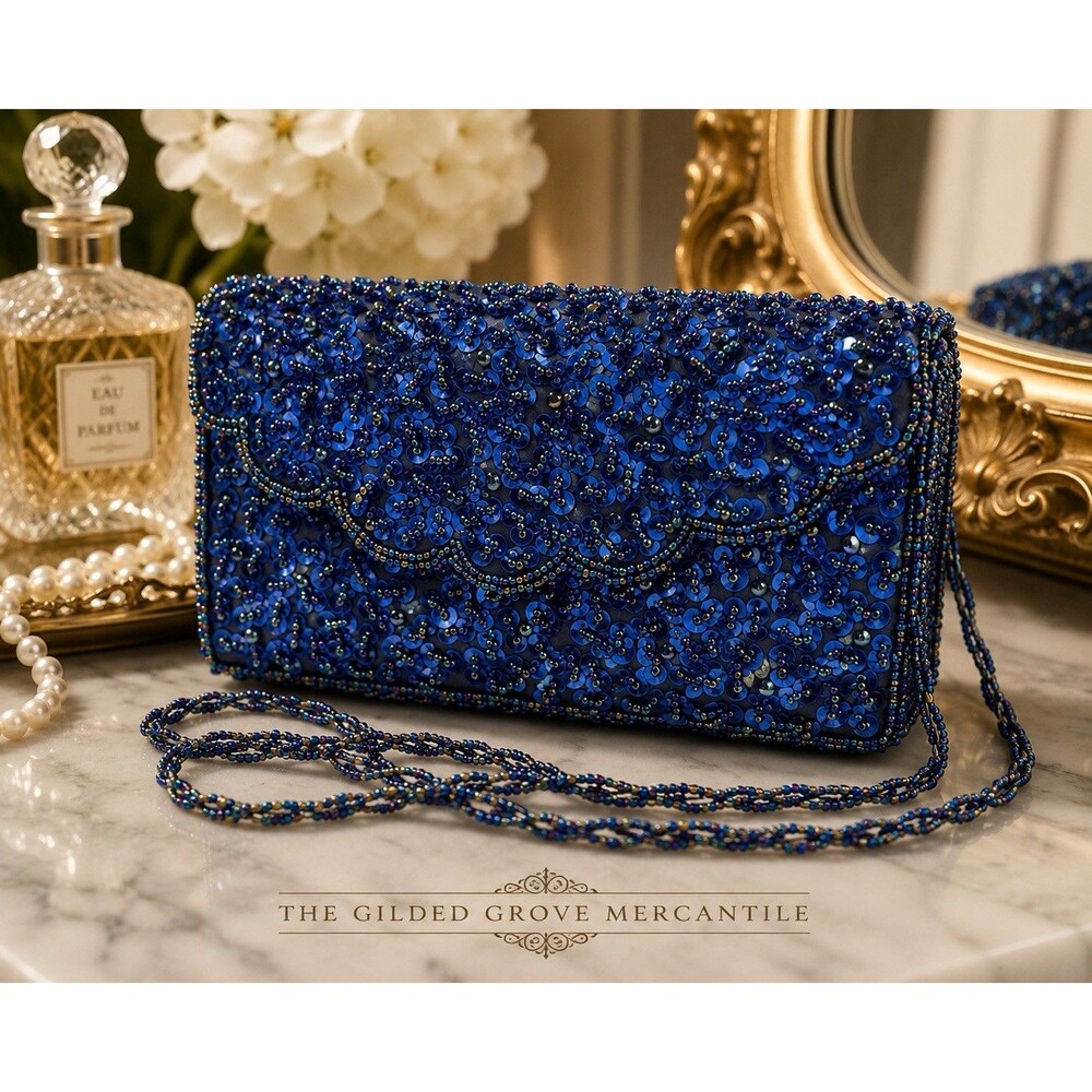 Vintage Bijoux Terner Blue Beaded Sequin Evening Clutch Shoulder Bag Purse